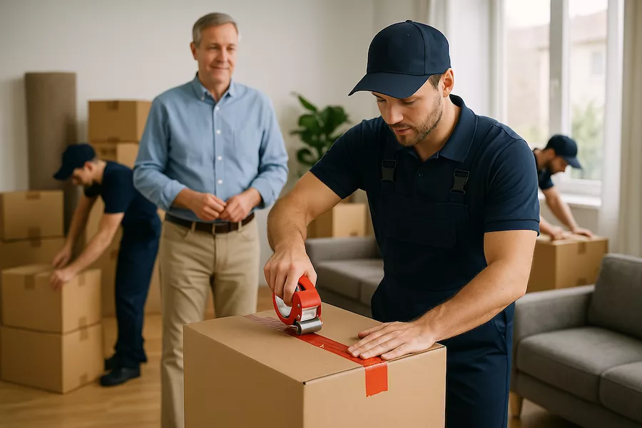 Professionell flyttfirma som packar kartonger hemma hos kund