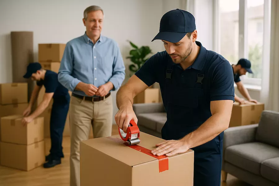 Professionell flyttfirma som packar kartonger hemma hos kund